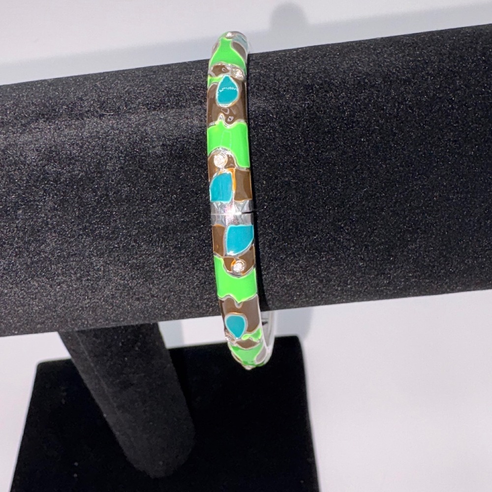 Sequin NY Enamel Crystal Hinged Bangle Bracelet Green Camo Abstract Silver Tone